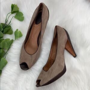 Fossil | Tan Suede Leather Peep Toe Pump Heels Size 9.5 Brown Open Toe Shoes